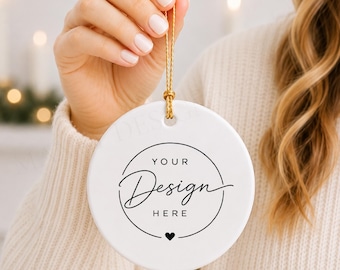 Round Ceramic Ornament Mockup, White Christmas Design Display (Digital Download)