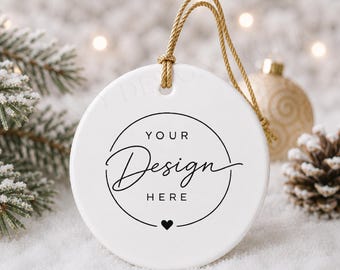 Round Ceramic Ornament Mockup, White Christmas Design Display (Digital Download)