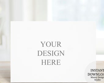May include: A rectangular white card mockup featuring the centered gray text "YOUR DESIGN HERE" and a circular badge in the bottom right corner with the text "INSTANT DOWNLOAD Maxey Design Studio" printed in black.