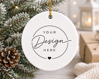 Round Ceramic Ornament Mockup, White Christmas Design Display (Digital Download)