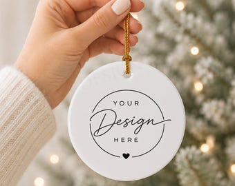 Round Ceramic Ornament Mockup, White Christmas Design Display (Digital Download)