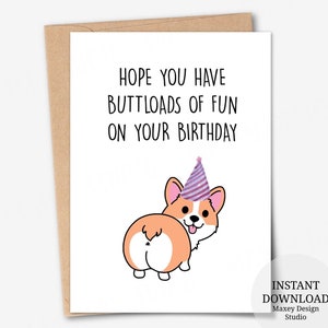 Cartão de aniversário para imprimir, Espero que você se divirta muito no seu aniversário, Cartão de aniversário, Cartão de aniversário Corgi, Cartão fofo Corgi