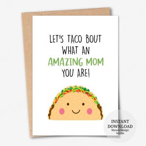 Tarjeta imprimible, Hablemos de lo increíble que eres como mamá, Tarjetas divertidas para el Día de la Madre, Tarjeta de felicitación con forma de taco, Tarjetas para mamás primerizas, Tarjetas con juegos de palabras