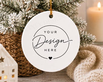 Round Ceramic Ornament Mockup, White Christmas Design Display (Digital Download)