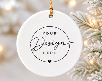 Round Ceramic Ornament Mockup, White Christmas Design Display (Digital Download)