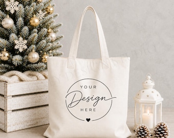 Christmas Tote Bag Mockup | Neutral Holiday Styled Stock Photo (Digital Download)