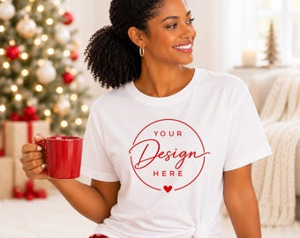 Cozy Christmas T-Shirt Mockup | White Bella Canvas Tee (Digital Download)