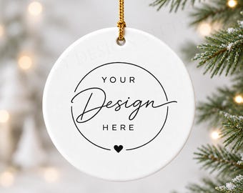 Round Ceramic Ornament Mockup, White Christmas Design Display (Digital Download)