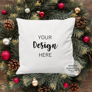 Christmas Pillow Mockup: Square Cushion, Holiday Wreath (Digital Download)