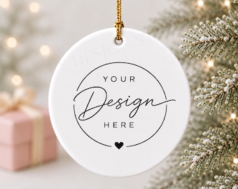 Round Ceramic Ornament Mockup, White Christmas Design Display (Digital Download)