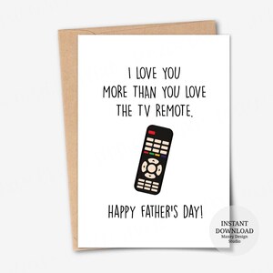 Carte à imprimer, je t'aime plus que tu n'aimes la télécommande du téléviseur, carte de fête des pères amusante, carte pour carte pour papa en prime, carte pour beau-père