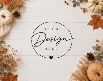 Fall Flatlay Mockup Background, Autumn Product Display, Pumpkin Styled Stock Photo