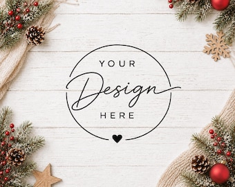 Whitewashed Wood Christmas Flatlay Mockup with Festive Holiday Decor
