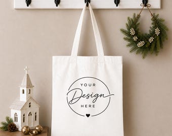 Christmas Tote Bag Mockup | Neutral Holiday Styled Stock Photo (Digital Download)
