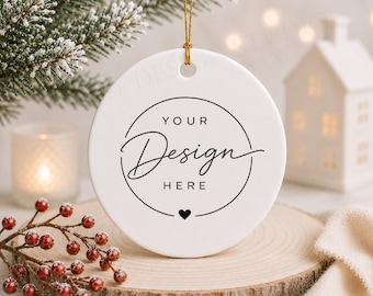 Round Ceramic Ornament Mockup, White Christmas Design Display (Digital Download)