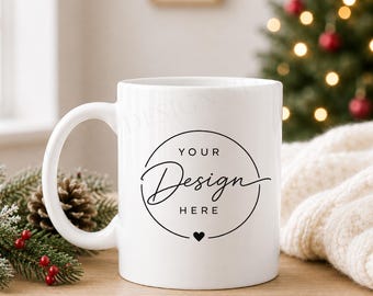 Christmas Mug Mockup: 11oz White Mug, Styled Stock Photo (Digital File)