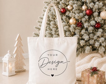 Christmas Tote Bag Mockup | Neutral Holiday Styled Stock Photo (Digital Download)