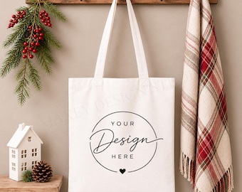 Christmas Tote Bag Mockup | Neutral Holiday Styled Stock Photo (Digital Download)