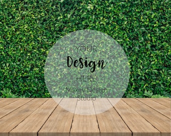 Outdoor Hedge & Wood Table Mockup (Digital Download)