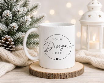 Christmas Mug Mockup: 11oz White Mug, Styled Stock Photo (Digital File)