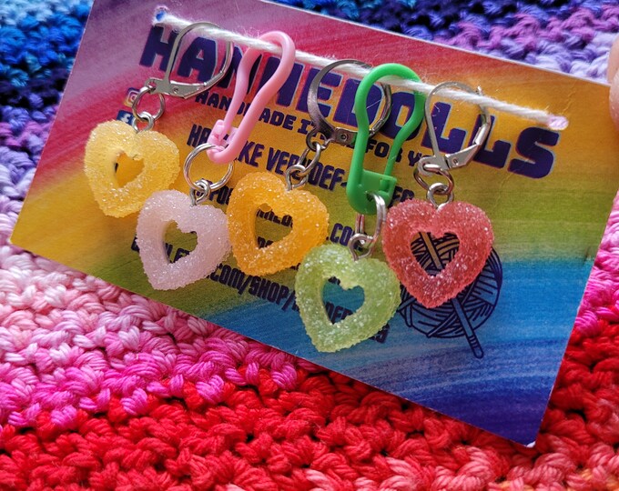 stitch markers of different sugar hearts. these stitch markers are sold individually