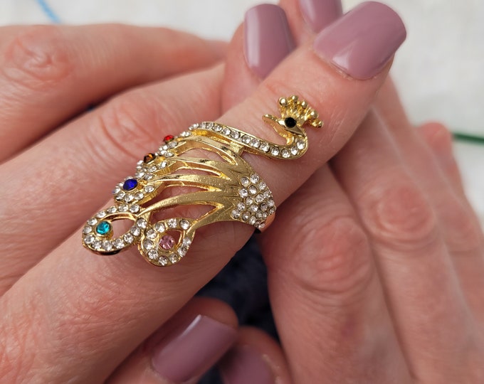 Gold Peacock Crochet or Knitting Ring a yarn tension aid for crocheting and knitting. This is a right-handed crochet/knitting ring.