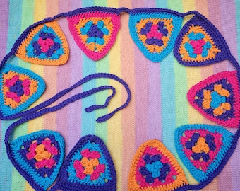 Festive garland with 10 granny square flags crocheted in cheerful colors
