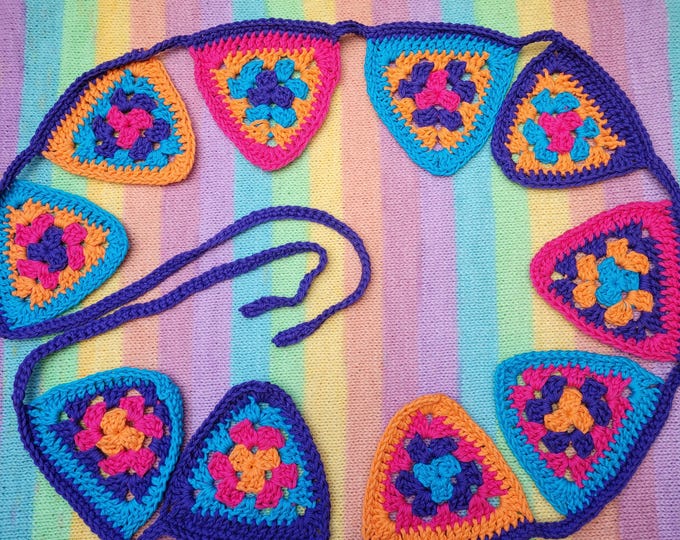 Festive garland with 10 granny square flags crocheted in cheerful colors