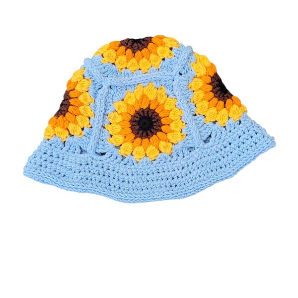 Crocheted Sunflower fisherman's hat . crochet . granny square bucket hat . handmade vintage fashion . sustainable clothing . crochet hat . sunhat .