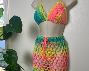 Neon Regenbogen Häkeln Sommer Bikini Set mit Cover Up Mesh Rock, Häkeln BH Top, Häkeln Badeanzug