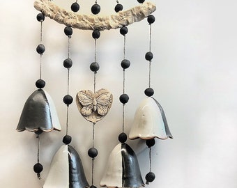 Black and White Bells Pottery Wind Chime, Sympathy Bell Wind Chime, Ceramic Wind Chime, Housewarming Gift, Memorial Wind Chime