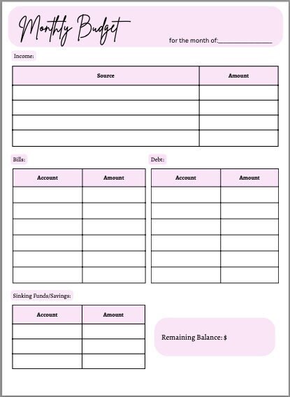 Monthly Budget Printable *customization Available* - Etsy