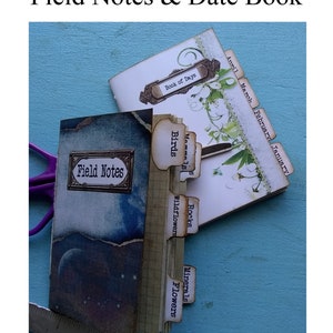 May include: Two small, handmade journals with decorative covers. The journal on the left has a blue and white cover with the words "Field Notes" on it. The journal on the right has a white cover with the words "Book of Days" on it. Both journals have tabs with different categories written on them, such as "Birds", "Rocks", and "Flowers".
