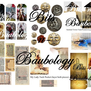 Könnte beinhalten: Eine Collage von Bildern mit mittelalterlichen Illustrationen, darunter ein Ritter auf einem Pferd, ein Turm und eine Frau in einem blauen Kleid. Der Text "Bits 'n' Baubology" erscheint mehrmals im Bild.