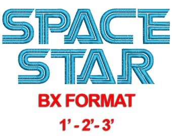 May include: Space Star embroidery design in blue with a red text overlay that reads "BX FORMAT 1'-2'-3'"