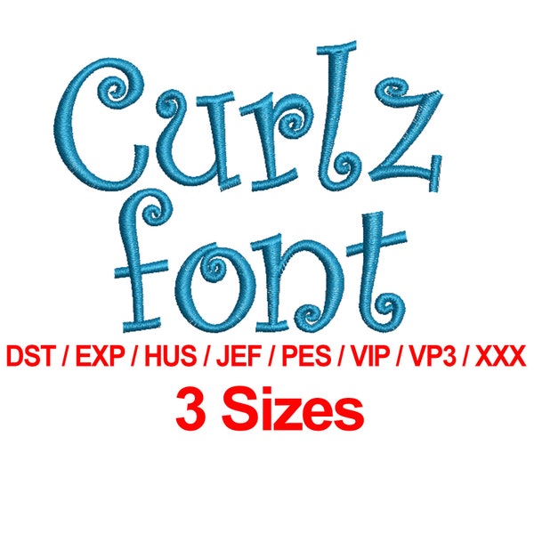 Curlz Font - 3 Sizes Machine Embroidery Design Fonts Alphabets All Formats - Instant Download