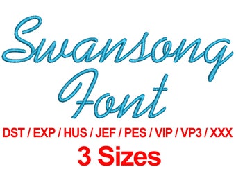 May include: A digital embroidery font called "Swansong Font" in a cursive style, rendered in turquoise. The image includes the text "3 Sizes" in red, along with various file formats.