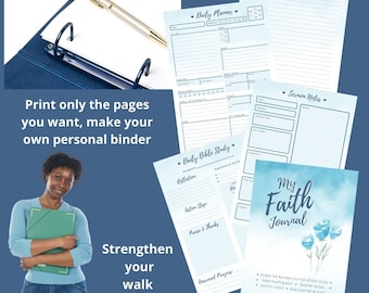 May include: A printable faith journal with a blue watercolor background and a floral design. The journal includes pages for daily planning, bible study, prayer, sermon notes, and more. The text "My Faith Journal" is printed on the cover.