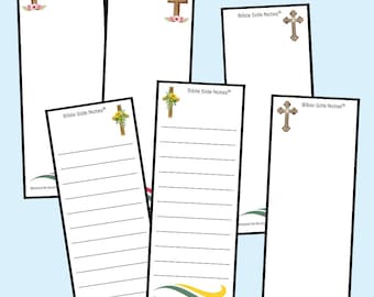 May include: A collection of six rectangular paper note inserts labeled Bible Side Notes. Each insert features a cross graphic with floral accents, black border lines, and the text Blessed Be Boutique at the bottom. Some inserts are lined.