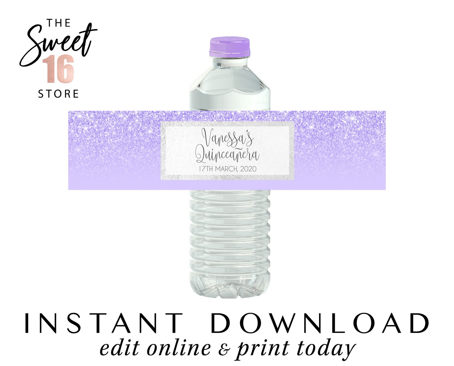Purple Glitter Quinceanera Water Bottle Label Quince Drinks Etsy