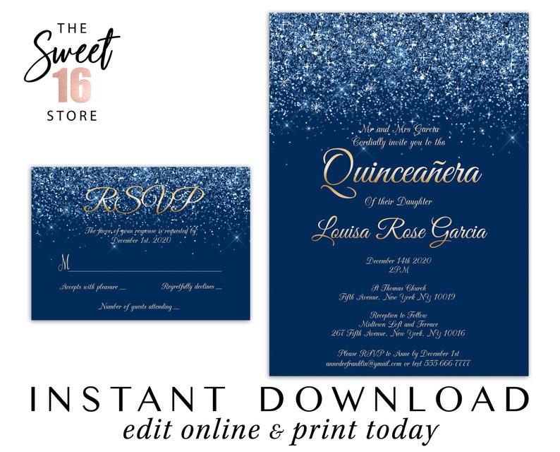 Quinceanera Invitation and Rsvp Card Set Elegant Blue Glitter - Etsy