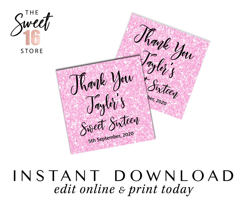 Sweet 16 Favor Tags Pink Glitter Thank you Tag Editable 16th Birthday Party Printable Instant Download Sweet Sixteen Party Decorations