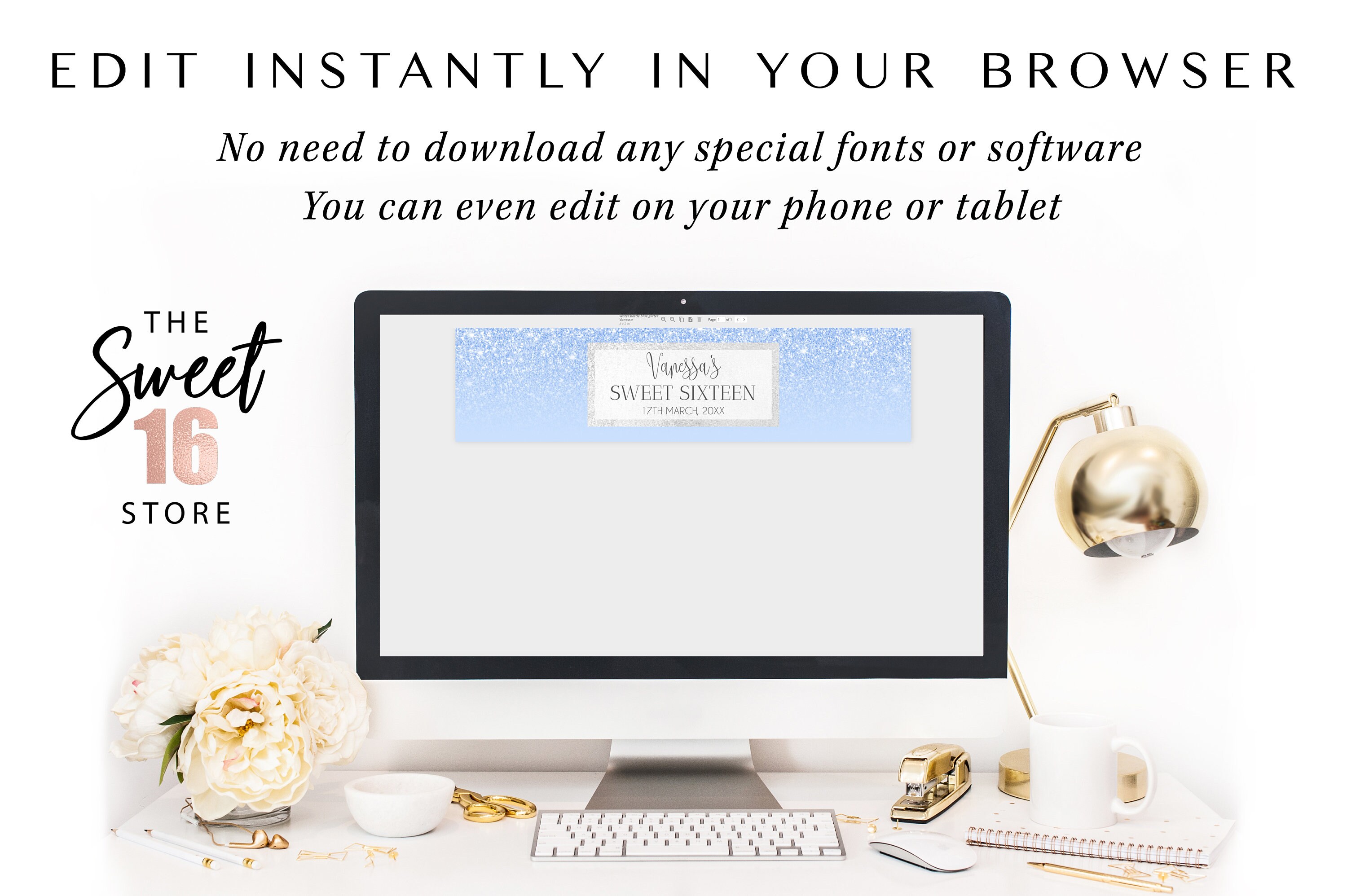 Sweet 16 Drink Stickers Blue Glitter Sweet Sixteen Water Etsy