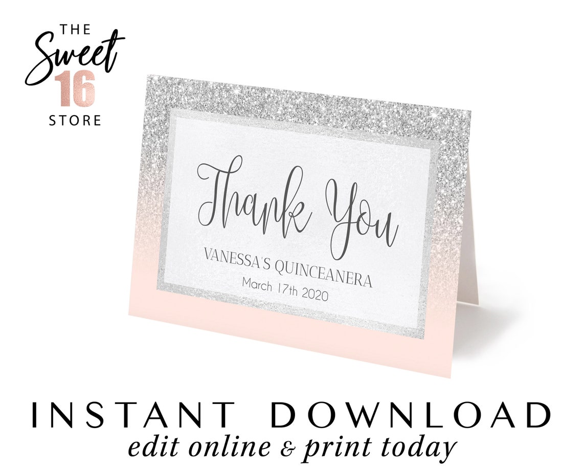 Quinceanera Thank You Card Template Blush Pink & Silver Etsy