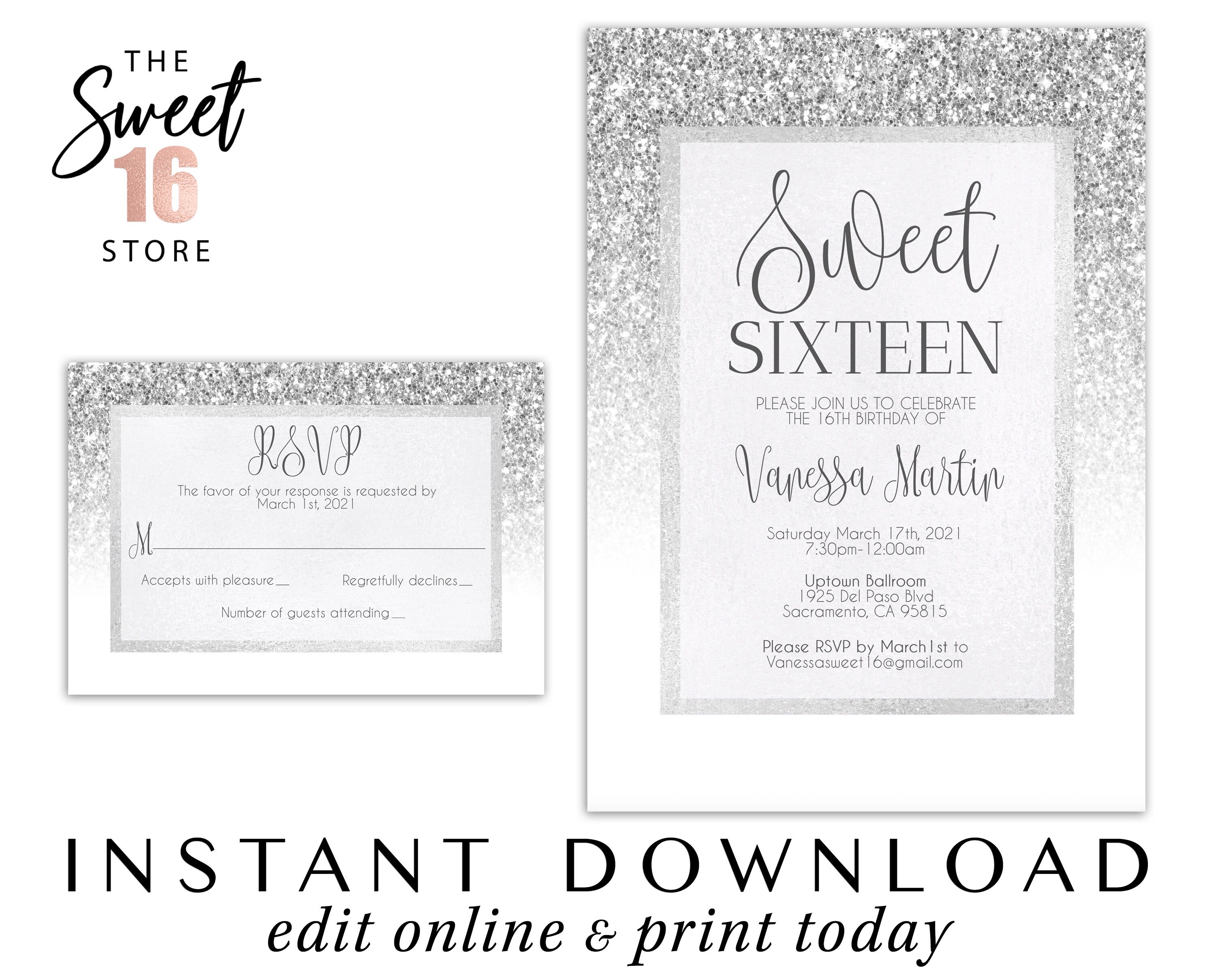 Silver Glitter Sweet 16 Invitations Editable Digital Evite - Etsy