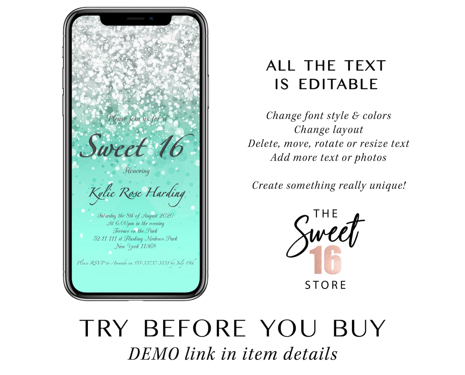 Mint Green Sweet 16 Invitation Text Message Sweet Sixteen Etsy