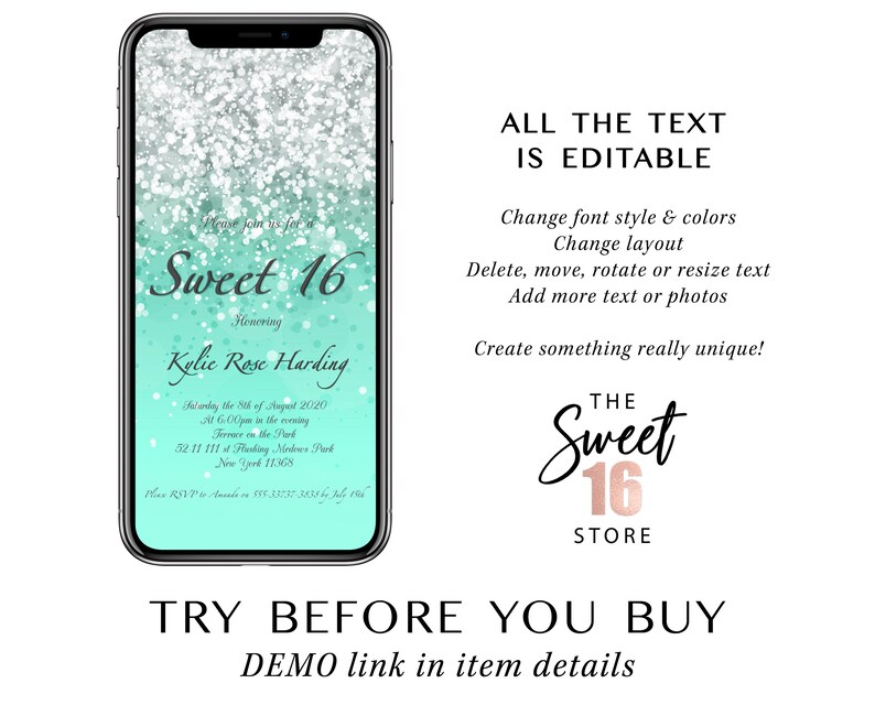 Mint Green Sweet 16 Invitation Text Message Sweet Sixteen Etsy