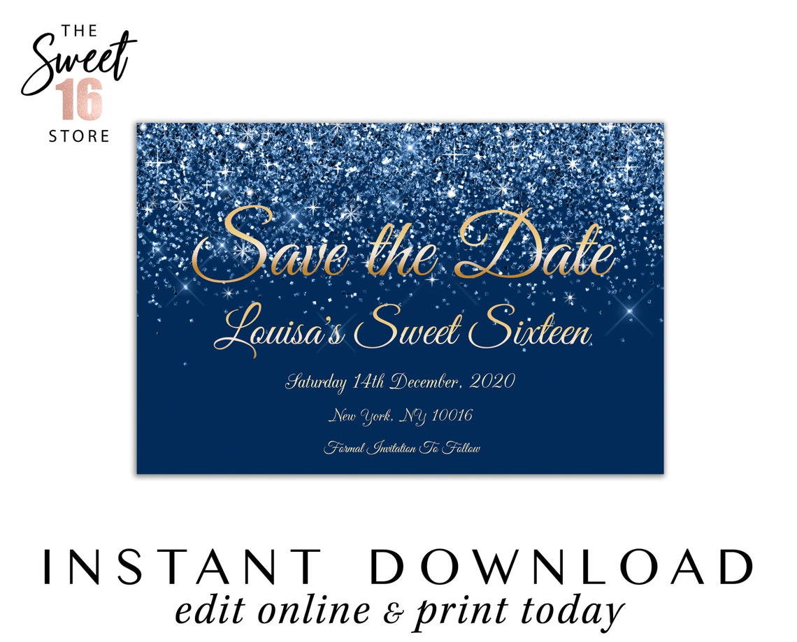 Save the Date Sweet 16 Navy Blue Glitter & Gold Invitation Etsy