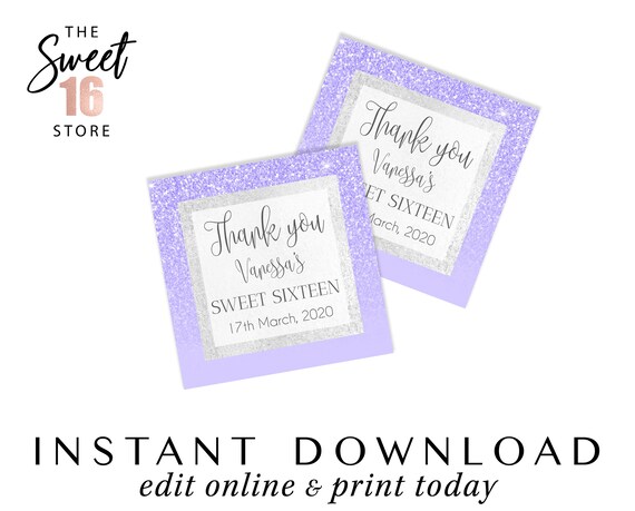 Sweet Sixteen Favor Tags Purple Sweet 16 Party Favors Thank Etsy