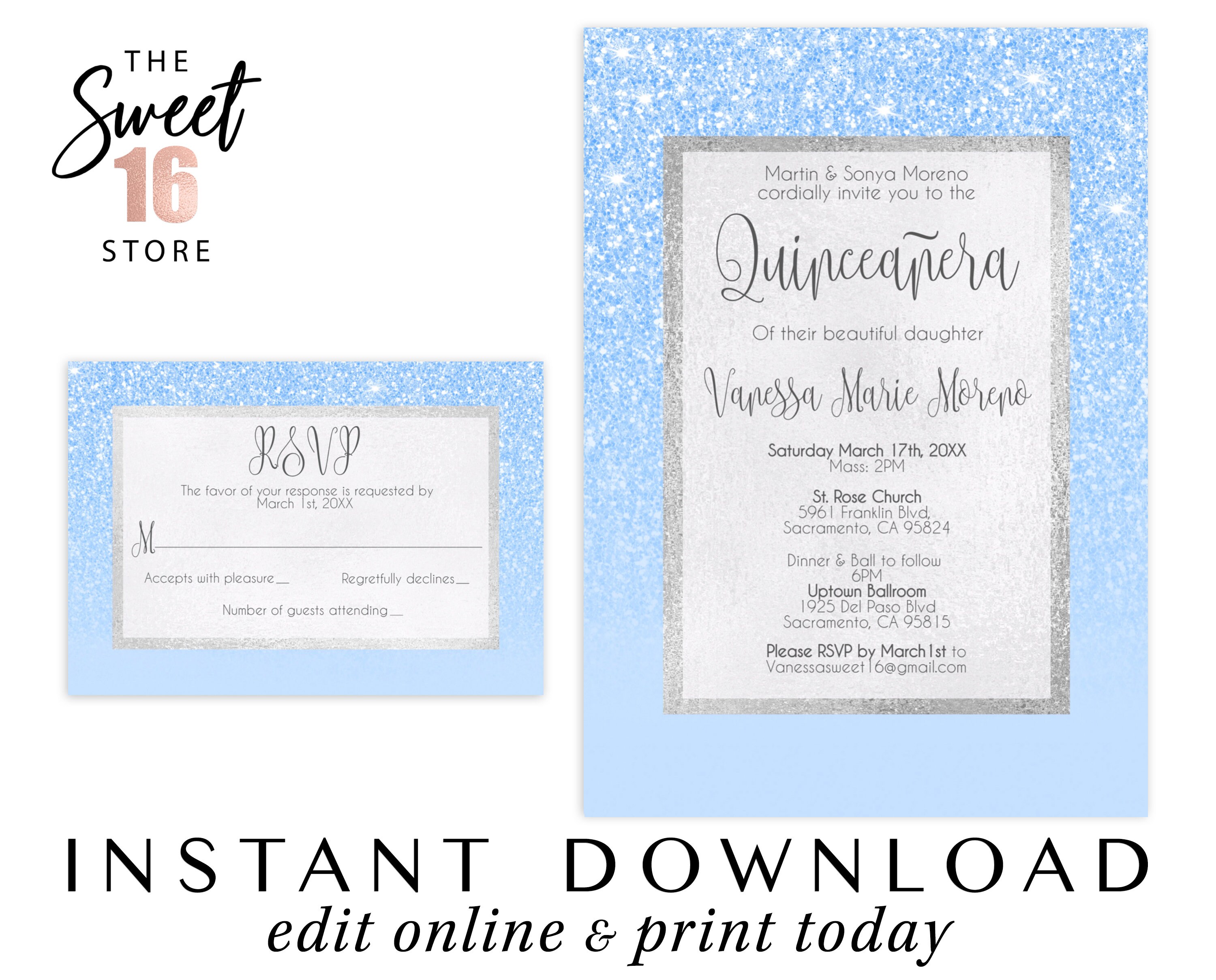 Quinceanera Invitation and RSVP Card Baby Blue Glitter Quince | Etsy